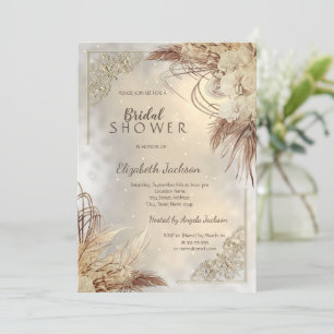 Convite Elegante Moldura Dourada Flores Boho Chá de Noiva