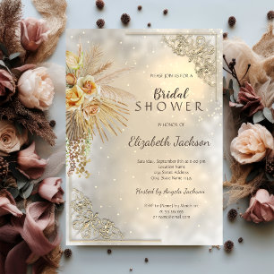 Convite Elegante Moldura Dourada Flores Boho Chá de Noiva