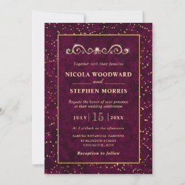 Convite Elegante Moldura Dourada Mármore Rosa Casamento