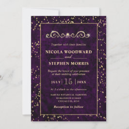 Convite Elegante Moldura Dourada Mármore Roxo Casamento