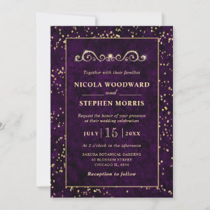 Convite Elegante Moldura Dourada Mármore Roxo Casamento