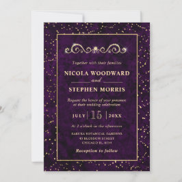 Convite Elegante Moldura Dourada Mármore Roxo Casamento