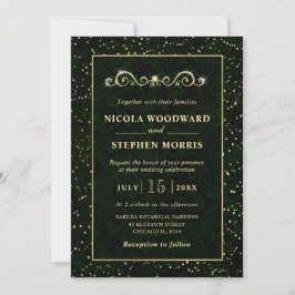 Convite Elegante Moldura Dourada Mármore Verde Casamento