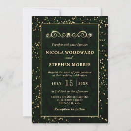 Convite Elegante Moldura Dourada Mármore Verde Casamento