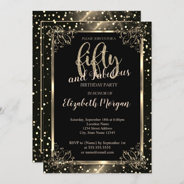 Convite Elegante Moldura Dourada, Pontos 50º Aniversário (Frente/Verso)