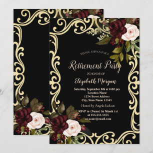 Convite Elegante Moldura Dourada Rosas Borgonha Aposentado