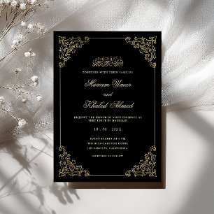 Convite Elegante Moldura Dourada Vitoriana Casamento Muçul