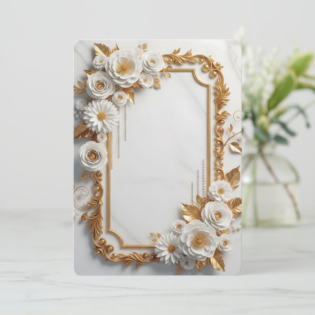 Convite Elegante Moldura Floral Branca e Dourada (Em pé/Frente)