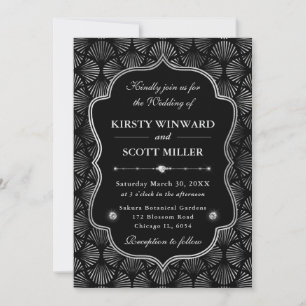 Convite Elegante Moldura Leque Prata Art Déco Casamento