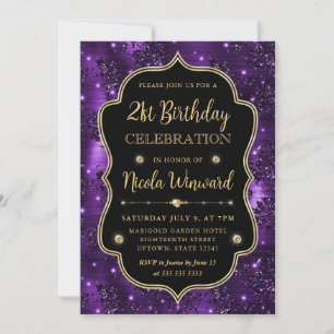 Convite Elegante Moldura Vintage com Brilho Roxo Aniversár
