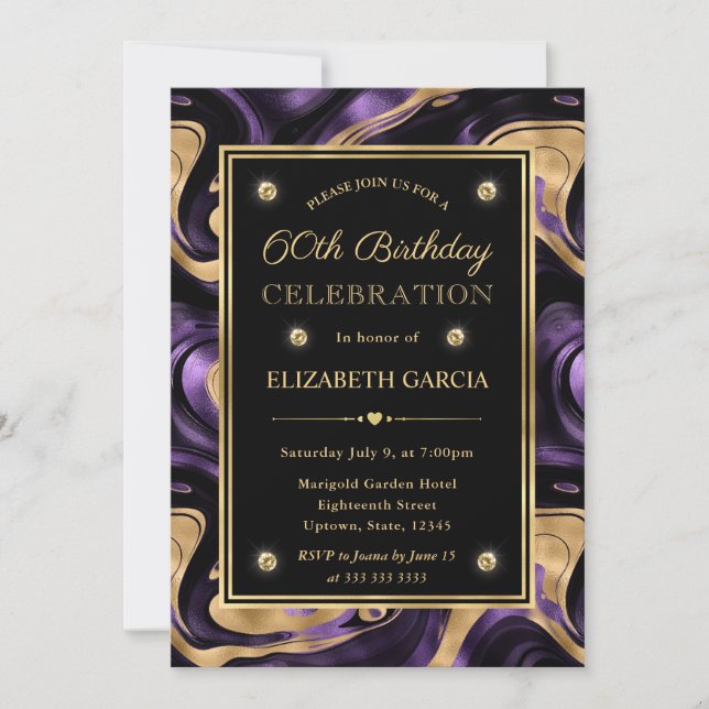 Convite Elegante Molten Purple & Gold Foil 60º Aniversário (Frente)