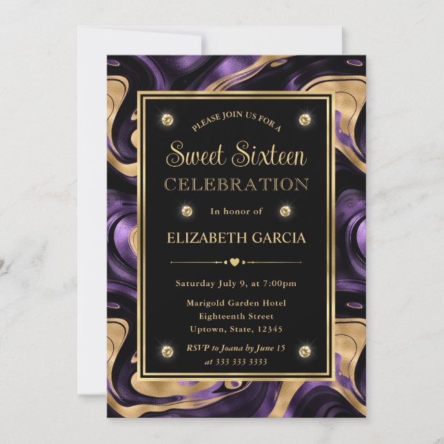 Convite Elegante Molten Roxo e Gold Foil Sweet 16 (Frente)