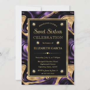 Convite Elegante Molten Roxo e Gold Foil Sweet 16