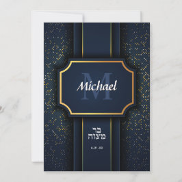 Convite Elegante Monograma Bar Mitzvah Blue Dourado Convit