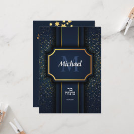 Convite Elegante Monograma Bar Mitzvah Blue Dourado Convit