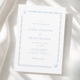 Convite Elegante Monograma Borda Azul Branco Casamento