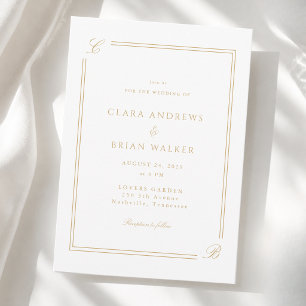 Convite Elegante Monograma Branco Bege Dourado Borda Casam