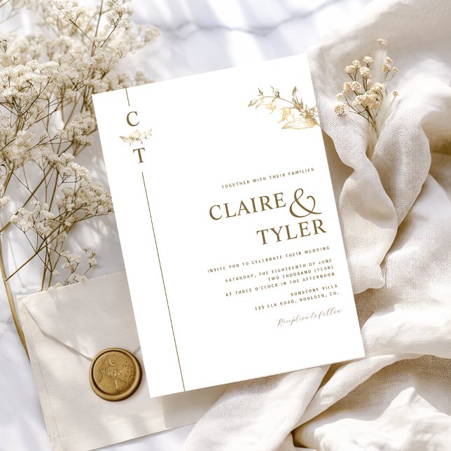 Convite Elegante Monograma Clássico Branco e Dourado de Ca (Criador carregado)