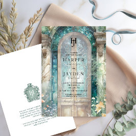 Convite Elegante Monograma de Casamento em Aquarela Azul T