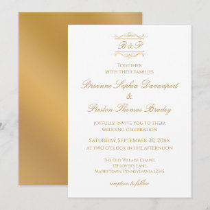 Convite Elegante Monograma de Casamento em Ouro e Branco M