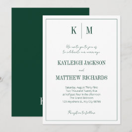 Convite Elegante Monograma de Casamento em Verde Esmeralda