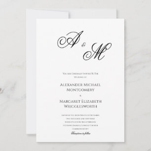Convite Elegante Monograma de Casamento Formal Preto e Bra