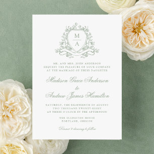 Convite Elegante Monograma de Floral em Verde Sálvia para