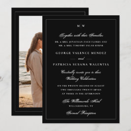 Convite Elegante Monograma de Fotos Preto para Casamento