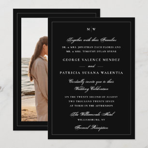 Convite Elegante Monograma de Fotos Preto para Casamento