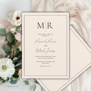 Convite Elegante Monograma de Linho Neutro para Casamento 