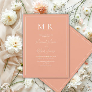 Convite Elegante Monograma de Pêssego Casamento Moderno