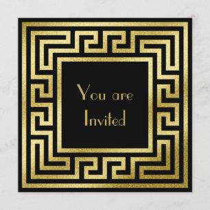 Convite Elegante Monograma Dourado Brilho Art Déco Preto