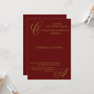 Convite Elegante Monograma em Burgundy e Folha de Ouro