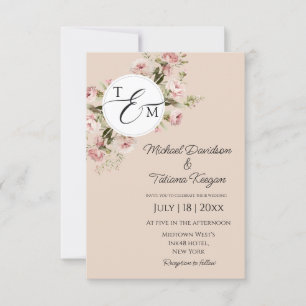 Convite elegante monograma moderno floral rosas casamento