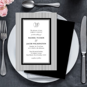 Convite Elegante Monograma Preto e Branco Listras Casament