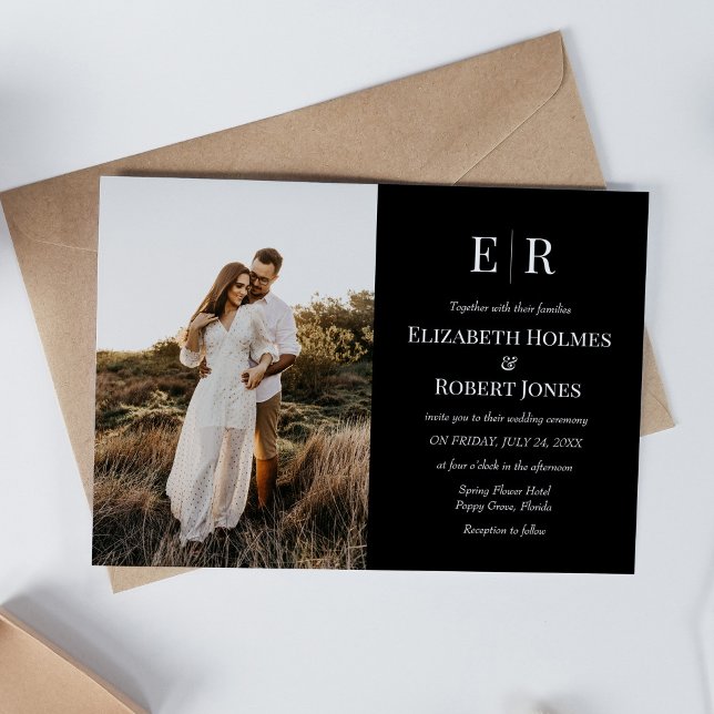 Convite Elegante Monograma Preto Personalizado com Foto pa (Elegant Black Monogram Custom Photo Wedding Invitation on boho table)