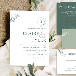 Convite Elegante Monograma Verde Moderno de Casamento