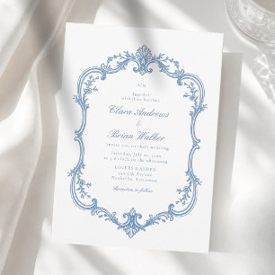 Convite Elegante Monograma Vintage Casamento Azul Poeirent