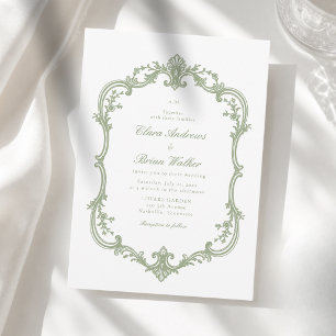 Convite Elegante Monograma Vintage Casamento Branco Verde