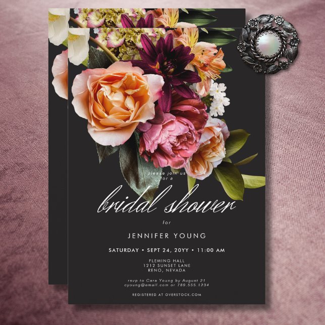 Convite Elegante Moody Burgundy e Chá de panela Floral Ros (Elegant Moody Burgundy & Pink Floral Bridal Shower Invitation)