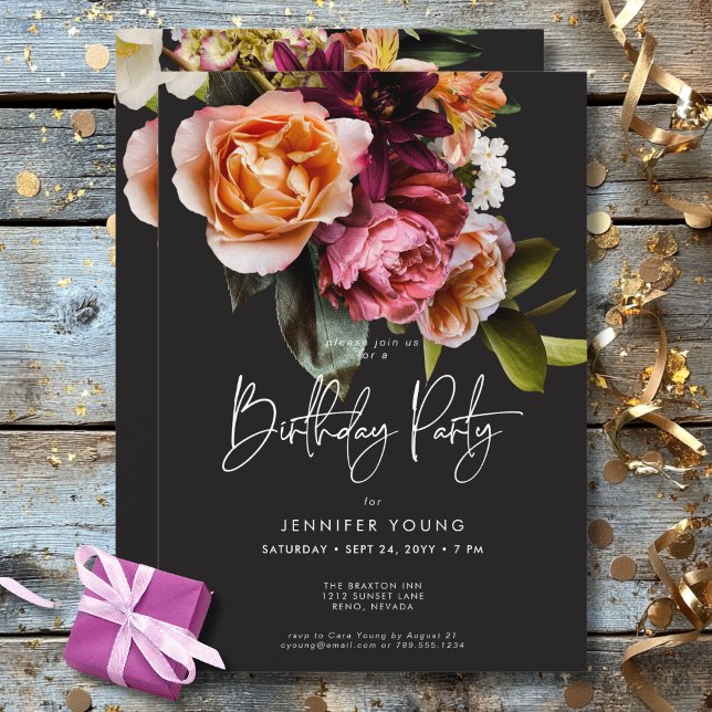 Convite Elegante Moody Burgundy e Floral Rosa (Elegant Moody Burgundy & Pink Floral Birthday Invitation)