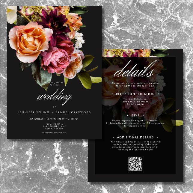 Convite Elegante Moody Burgundy e Floral Rosa Dois Lados (Elegant Moody Burgundy & Pink Floral Two Sided Invitation)