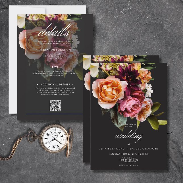 Convite Elegante Moody Burgundy E Floral Rosa Tudo Em Um (Elegant Moody Burgundy & Pink Floral All In One Invitation)