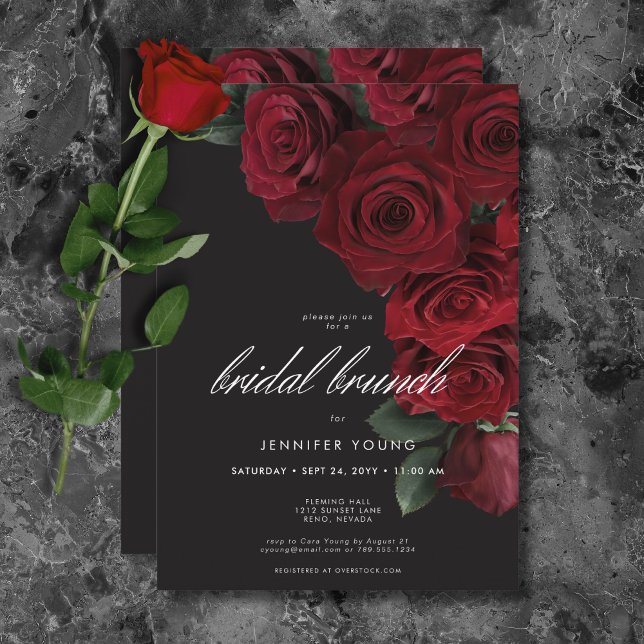 Convite Elegante Moody Rosa Floral Bridal Brunch (Elegant Moody Blood Roses Floral Bridal Brunch)