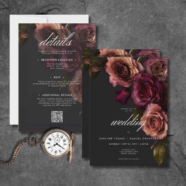 Convite Elegante Moody Rust e Burgundy Floral Dois Lados (Elegant Moody Rust & Burgundy Floral All In One Invitation)