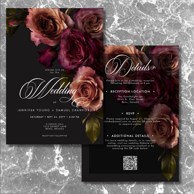 Convite Elegante Moody Rust e Burgundy Floral Dois Lados (Elegant Moody Rust & Burgundy Floral Two Sided Invitation)