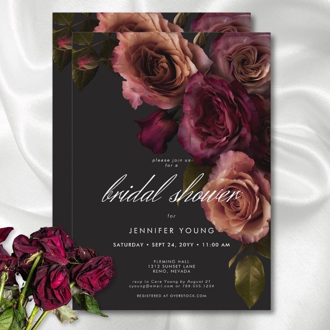 Convite Elegante Moody Rust e Chá de panela Floral Burgund (Elegant Moody Rust & Burgundy Floral Bridal Shower Invitation)