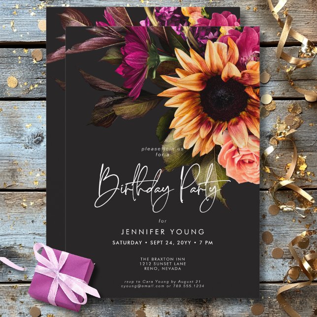 Convite Elegante Moody Vibrant Sunset Floral Aniversário (Elegant Moody Vibrant Sunset Floral Birthday Invitation)