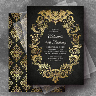 Convite Elegante Morcego Dourado Aniversário de Halloween