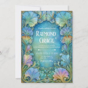 Convite Elegante Mosaico Floral em Verde Água Art Nouveau